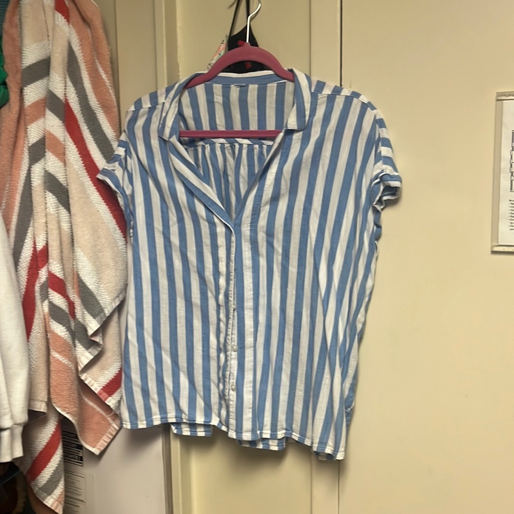 blue and white striped button down shirt